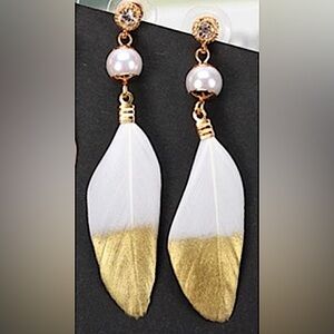 Elegant White Feather Gold Tipped Earrings - Handmade Boho Chic Jewelry